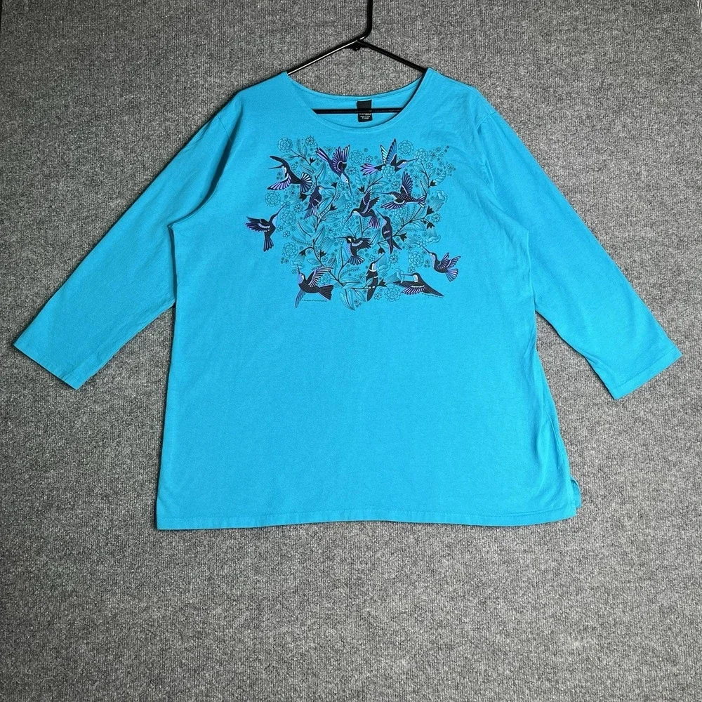 Sabaku Artwear‎ Bouquet Of Hummingbirds Top XL Blue Artsy 3/4 Sleeve